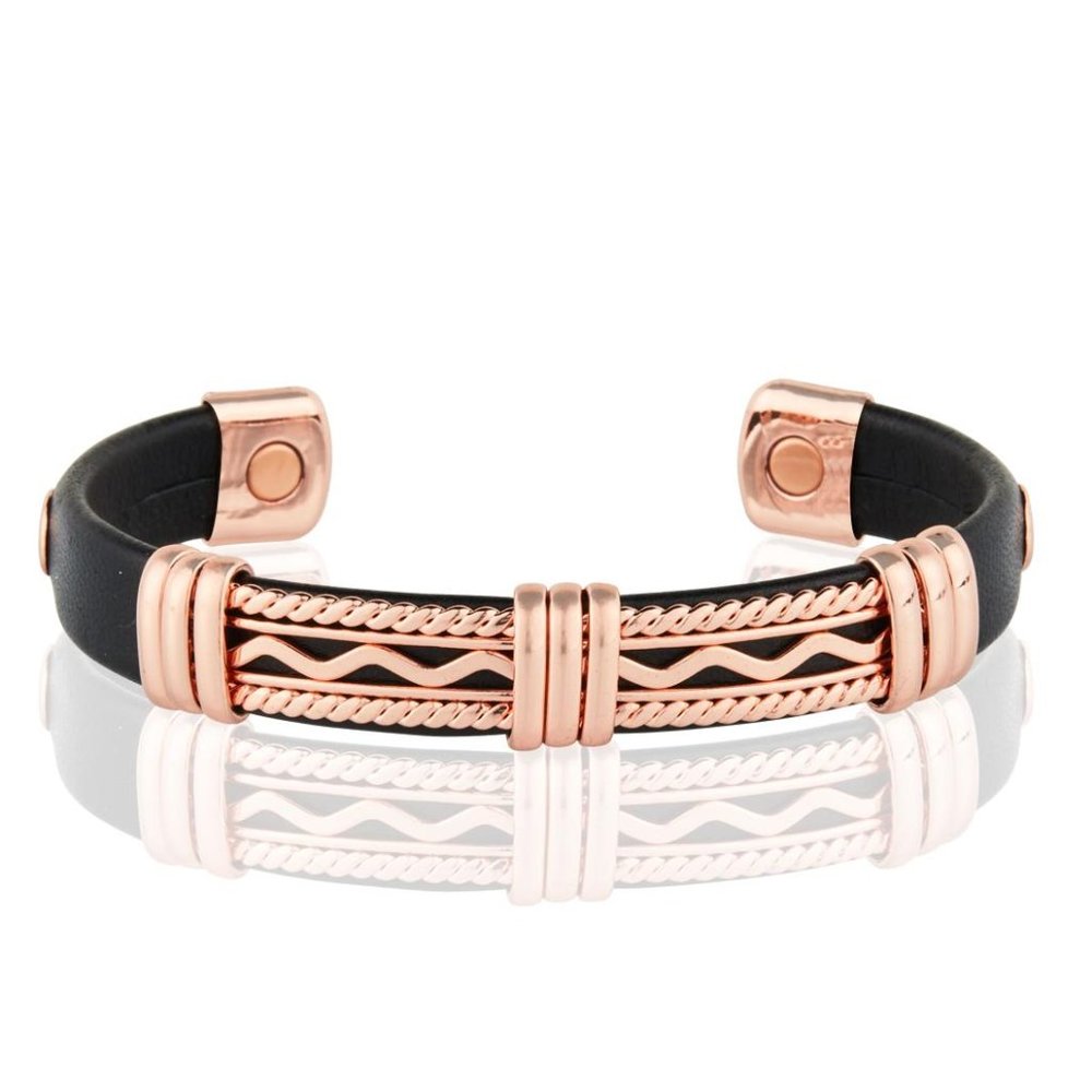 Pure Copper Leather Wrapped Magnetic Bracelet Classic Energy Cuff Bangle